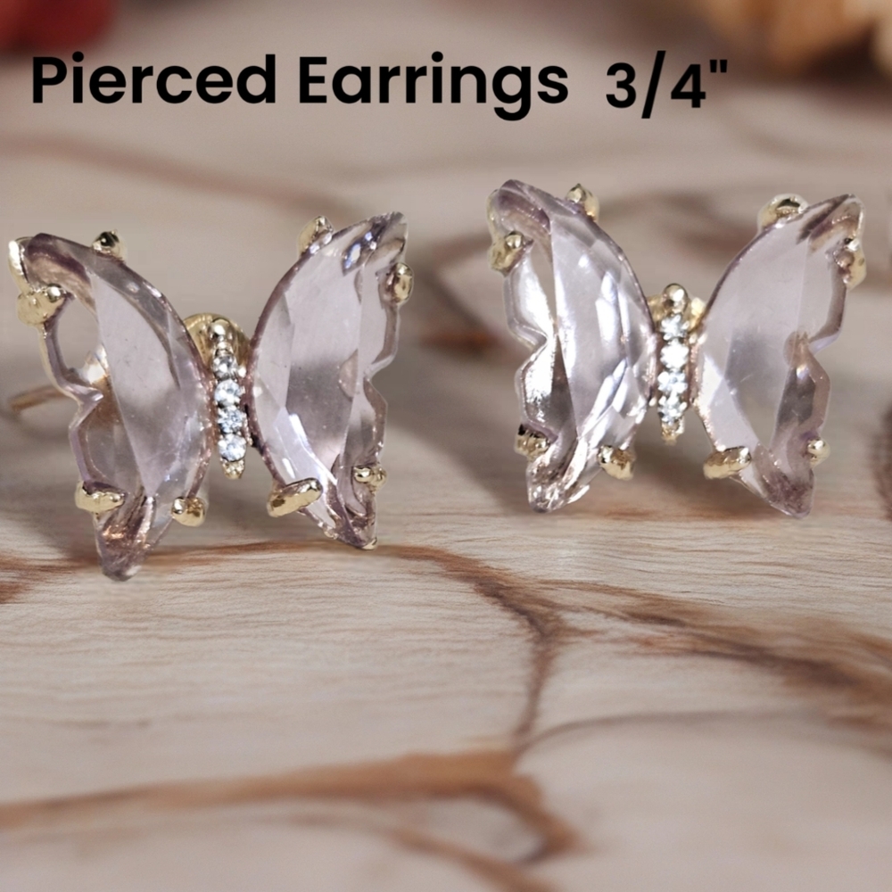 Elegant Butterfly Pierced Earrings Pink Glass Stone